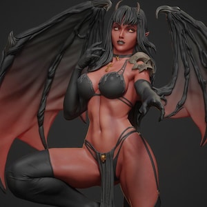 May include: A detailed sculpture of a female demon with black wings, horns, and long black hair. She wears a black bikini, gloves, and thigh-high boots. A skull adorns her shoulder, and a cross pendant hangs from her neck. The skin is red.