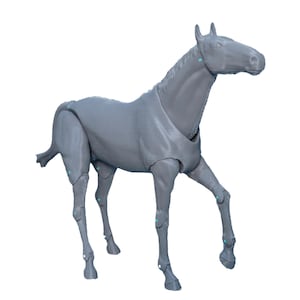 May include: A gray plastic horse model with articulated legs and a jointed neck. The horse is standing on a white background.