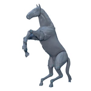 May include: A gray plastic horse figurine standing on its hind legs with its front legs raised in the air. The horse has a long tail and mane.