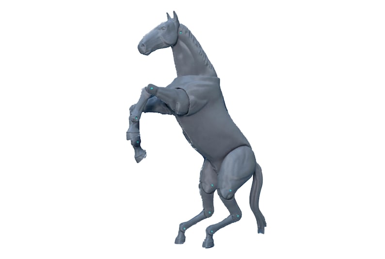 May include: A gray plastic horse figurine standing on its hind legs with its front legs raised in the air. The horse has a long tail and mane.