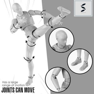 May include: A gray articulated figure with movable joints. The figure is posed in a dynamic kicking motion. The image shows close-ups of the figure's joints, highlighting its range of motion. The text "Has a large range of motion JOINTS CAN MOVE" is visible at the bottom of the image.