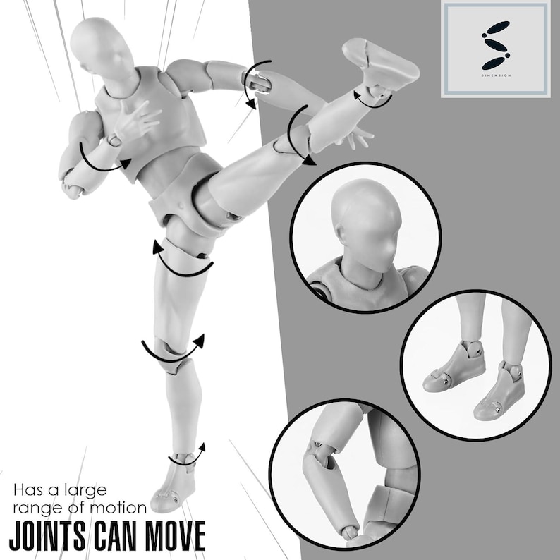 May include: A gray articulated figure with movable joints. The figure is posed in a dynamic kicking motion. The image shows close-ups of the figure's joints, highlighting its range of motion. The text "Has a large range of motion JOINTS CAN MOVE" is visible at the bottom of the image.