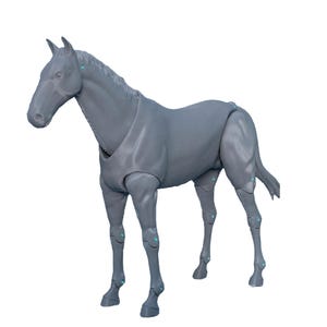 May include: A gray plastic toy horse with articulated legs. The horse is standing on a white background.