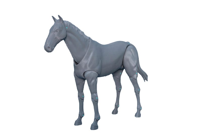 May include: A gray plastic toy horse with articulated legs. The horse is standing on a white background.