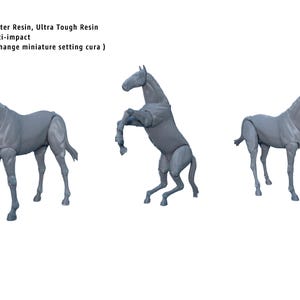 May include: Three 3D printed gray horse models in different poses. The models are printed using ANYCUBIC 3D Pinter Resin, Ultra Tough Resin, resione M58, Anti-impact. The models can also be printed using FDM Filament with a change in miniature setting cura.