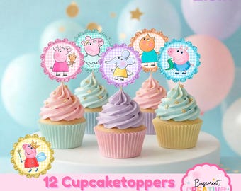 Pe -ppa Pig Cupcake Toppers | 3D Layered | Glitter Cardstock & Photo Paper | Kids Birthday Party Decorations | Set of 12