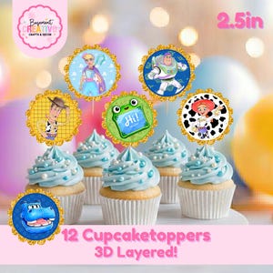 May include: A set of 12 3D layered cupcake toppers measuring 2.5 inches, featuring circular designs with characters like Woody, Buzz Lightyear, Bo Peep, Jessie, and a green frog with the text Hi! on a blue background, all with gold glitter borders.