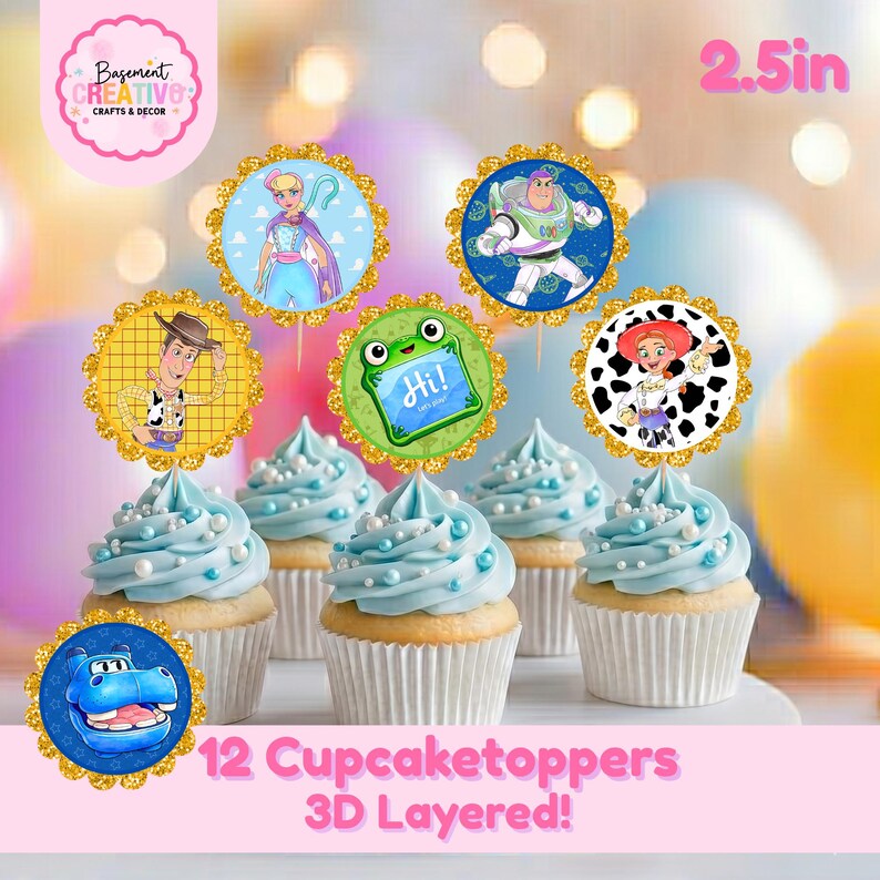 May include: A set of 12 3D layered cupcake toppers measuring 2.5 inches, featuring circular designs with characters like Woody, Buzz Lightyear, Bo Peep, Jessie, and a green frog with the text Hi! on a blue background, all with gold glitter borders.