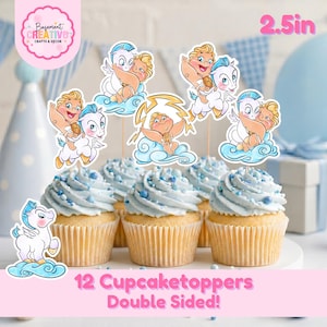 May include: Twelve double-sided cupcake toppers featuring cartoon illustrations of a baby character with a winged horse on clouds and holding a lightning bolt. The toppers measure 2.5 inches and are displayed on light blue frosted cupcakes with sprinkles.