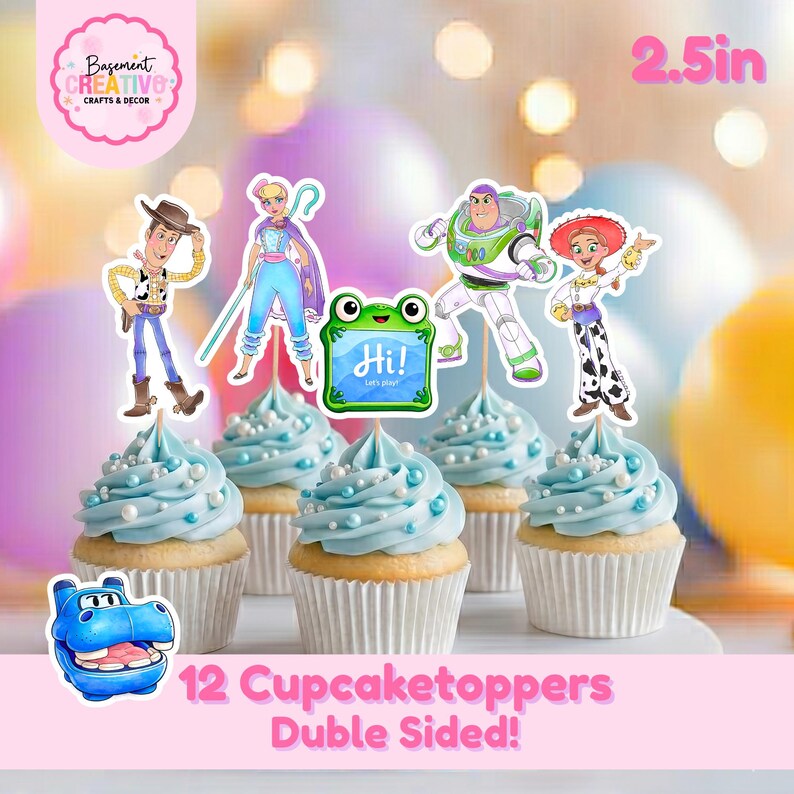 May include: A set of 12 double-sided cupcake toppers featuring cartoon characters including a cowboy, a shepherd, a space ranger, a cowgirl, and a green frog with the text Hi! Let's play! Each topper measures 2.5 inches and is placed on cupcakes.
