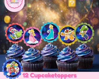 Galaxy Video Game Cupcake Toppers – Galaxy Plumber Theme Party Decorations – Space Birthday Cupcake Picks – Cupcake Toppers Super Bros