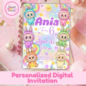 Puede incluir: Una invitación digital personalizada con personajes de conejos de dibujos animados en varios colores. La invitación incluye el nombre "Ania", la edad "6" y los detalles del evento para el 16 de abril a las 15:00 horas. El diseño incorpora arcoíris, estrellas y el texto "Lets Celebrate Together".