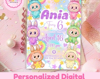 Invito di compleanno a tema mostro carino | Invito digitale personalizzato per feste 5x7 | Invito di compleanno per bambini a tema mostro arcobaleno |