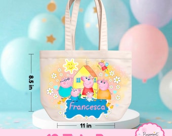 Peppa Pig Tote Bag | Kids Birthday Party Favor Bag | Custom Name Canvas Tote Bag | Peppa Pig Party Gift Bag | 11x8.5 in