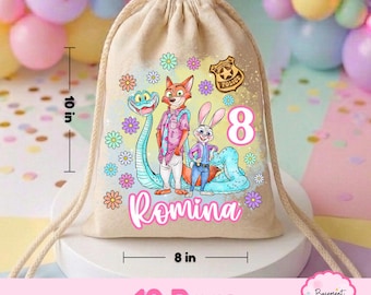 Zoo -topia Velvet Favor Bags, Zoo -topia Birthday Party Favor Bags, Custom Name Treat Bags for Kids Party, Cream Velvet Bags Set of 12.