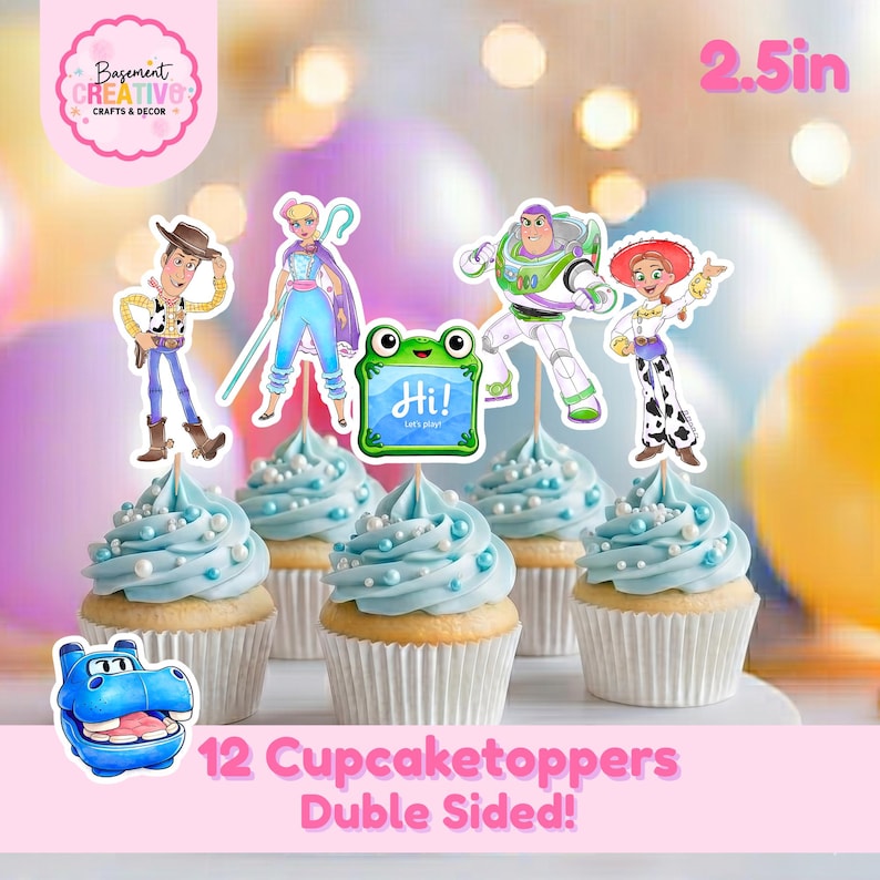 May include: A set of 12 double-sided cupcake toppers featuring cartoon characters including a cowboy, a shepherd, a space ranger, a cowgirl, and a green frog with the text Hi! Let's play! Each topper measures 2.5 inches and is placed on cupcakes.