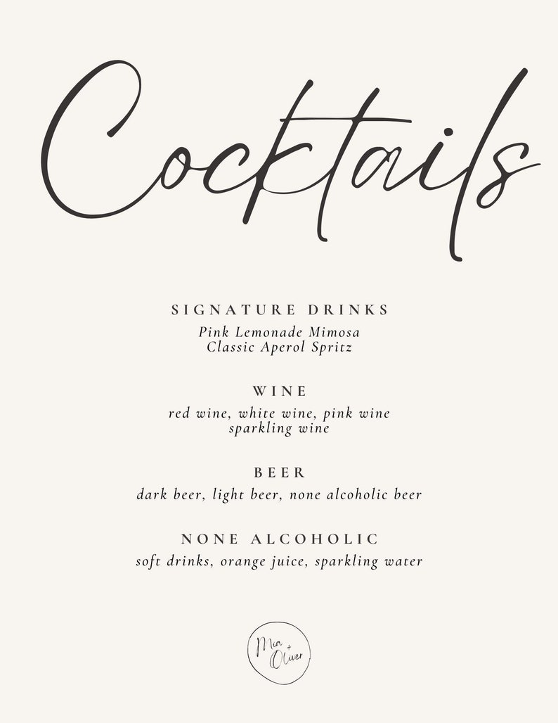 Customizable Wedding Cocktail Menu Etsy