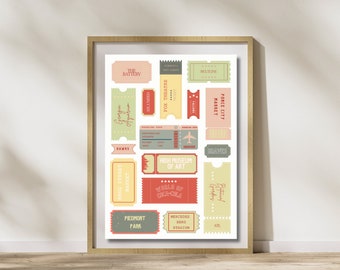 May include: A white background with a collection of colourful vintage ticket-style stickers with text such as "Fox Theatre", "Ponce City Market", "High Museum of Art", "Piedmont Park", and "Mercedes Benz Stadium".