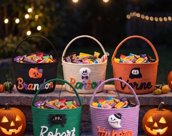 Custom Name Halloween Basket for Kids | Trick-or-Treat Bag with Hand-crochet Name