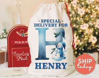 Personalized Snowman Design Christmas Gift Bag, Custom Special Delivery Christmas Bag, Kids Holiday Gift Bag, Christmas Gift Bag, (CB-68)