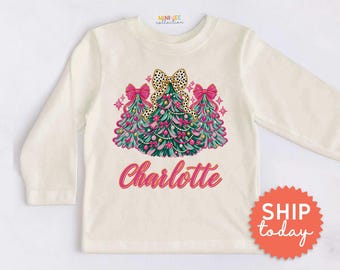 Personalized Coquette Kids Shirt - Custom Name Pink Christmas Tree Toddler Tee - Christmas Outfit(BC-CHR106)
