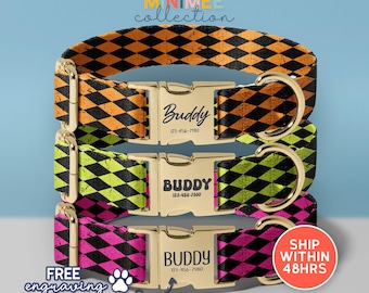 Collar para perro personalizado con diseño de diamante, nombre y número de teléfono personalizados, collar para mascotas de tamaño pequeño a mediano (DC-332)