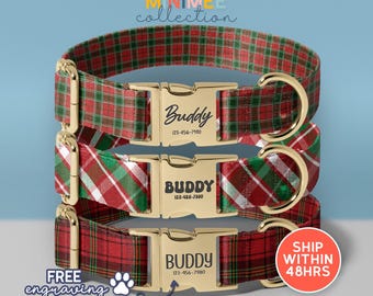 Plaid Grid Dog Collar, Personalised Dog Collar and Leash, Green Red Christmas, Christmas Dog Collar, Checked Dog Collar, (DC-78)