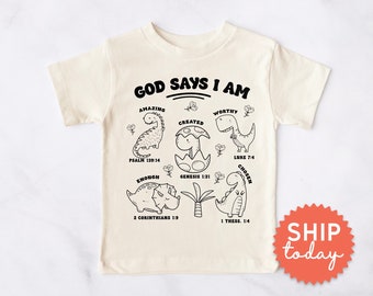 God Says I Am Worthy Shirt, Luke 7:4 Apparel, Bible Verse Tees For Toddler, Kids Spiritual Clothes, Dino Shirt, (BC-REL17)