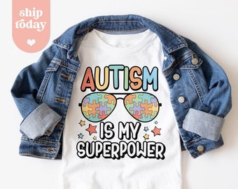 Autism Is My Superpower Kids Tshirt • Autism Awareness Youth Shirt • Cool Eye Glasses Toddler Clothes • Colorful Puzzle Kids Tee (ON-AUS26)