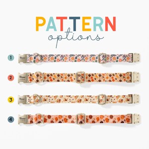 a variety of colorful patterned dog collars, each with different designs and styles.