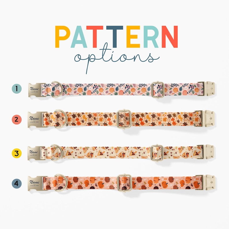 a variety of colorful patterned dog collars, each with different designs and styles.