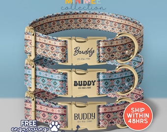 Personalized Aztec Pattern Dog Collar | Custom Engraved Pet Name Gold Buckle(DC-307)