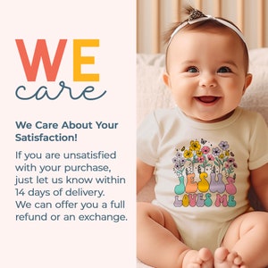 a baby sitting on a bed wearing a t - shirt that says we care