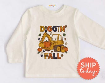 Diggin' Fall Toddler Shirt - Cute Construction Vehicle Kids Tee - Autumn Pumpkin Outfit for Toddlers(BC-FALL128)