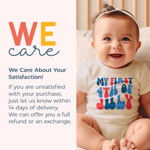 a baby sitting on a bed wearing a t - shirt that says we care