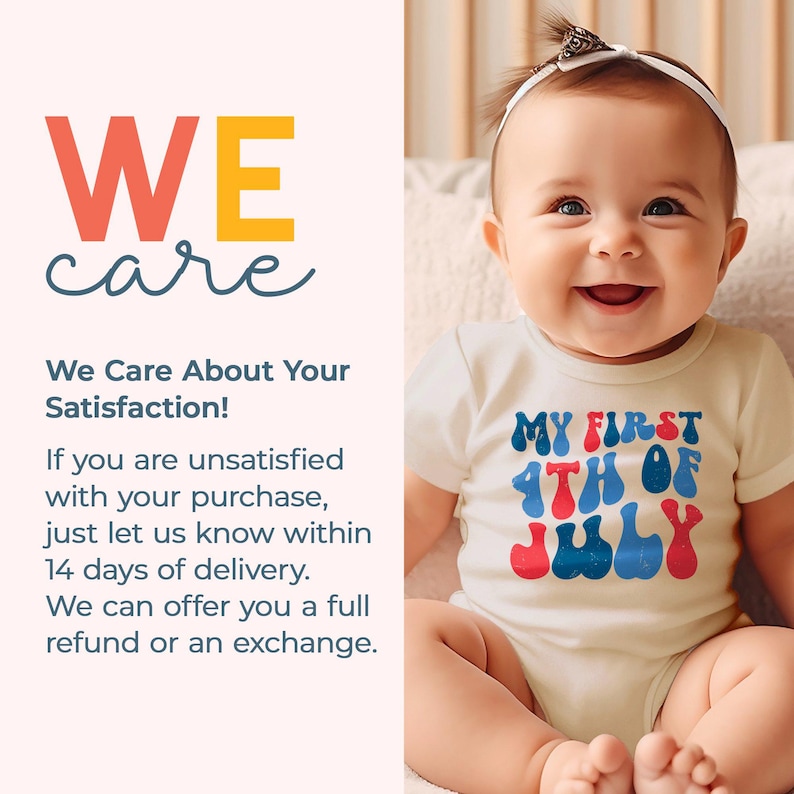 a baby sitting on a bed wearing a t - shirt that says we care