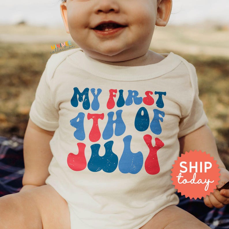 a baby wearing a shirt that says my first 4th of july
