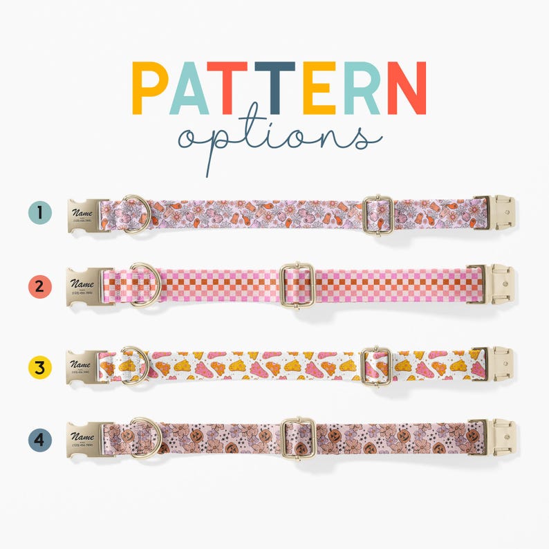 a variety of colorful patterned dog collars, each with different designs and styles, arranged in a row.