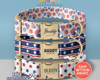 May include: Three dog collars with patriotic patterns, including stars, stripes, and flags. Each collar has a gold-coloured buckle engraved with the name "Buddy" and a phone number. The collars are white, red, and blue.