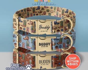 Personalized Cowboy Boots Pattern Dog Collar | Pet Collar with Adjustable Strap and Engraved Name Buckle(DC-306)