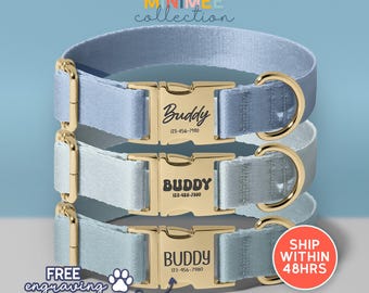 Personalized Dog Collar Leash Set With Bow, Blue+Navy+White, Engraved Pet Name, Wedding Dog Collar, Adjustable Size, (DC-3)