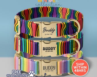 Personalized Pride Dog Collar, Custom Engraved LGBTQ Pet Collar, Colorful Rainbow Collar, Free Name Engraving(DC-230)