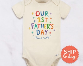 First Fathers Day Onesies® Brand Personalized Baby Bodysuit | New Dad Gift Rainbow Letters | Custom Name Infant Outfit (BC-DAD103)