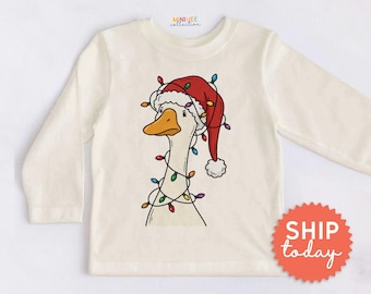 Cute Goose Kids Shirt - Santa Hat Toddler Tee - Goose Tangled on Christmas Lights Holiday Outfit(BC-CHR118)
