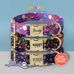 Planets & Stars Personalized Dog Collar, Space Patterned Pet Collars for Small Medium Large Dogs, Adjustable Dog Collar, (DC-142)