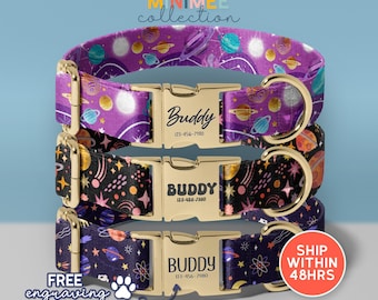 Planets & Stars Personalized Dog Collar, Space Patterned Pet Collars for Small Medium Large Dogs, Adjustable Dog Collar, (DC-142)