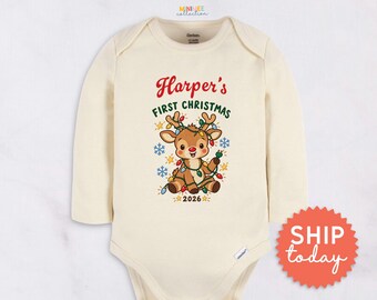 Personalized Baby's First Christmas Onesies® Brand Cute Unisex Deer Tangled Lights Bodysuit with Snowflakes Custom Holiday Outfit(BC-CHR121)