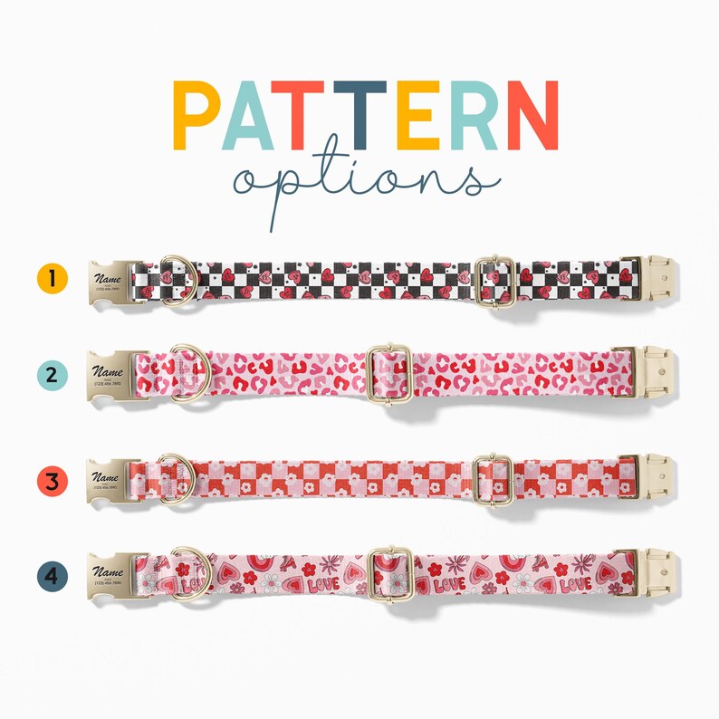 a collection of colorful patterned dog collars, each with a unique design, arranged in a row.