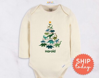 Personalized Dinosaur Baby Onesie - Custom Name Cute Christmas Bodysuit - Christmas Rawr Boy Outfit(BC-CHR-125)