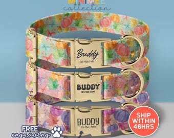 Personalized Floral Pumpkin Dog Collar with Engraved Gold Buckle, Collar for Medium Large Dog (DC-322)